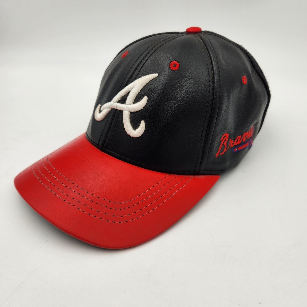 Logo Athletic Atlanta Braves MLB Faux Leather Strapback Hat Black Red Vintage
